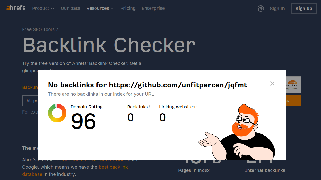 Ahrefs backlink check for the GitHub repository